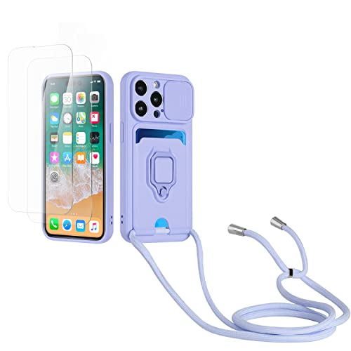 Kaslly Case für iPhone 15 Pro Max Handykette Hülle+[2 Schutzfolie Glas],Slide kameraschutz,Silikon Handyhülle zum Umhängen Kette,Kartenfach-Violett von Kaslly