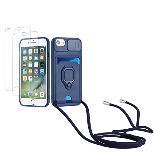 Kaslly Case für iPhone 6/6S/7/8/SE 2020 Handykette Hülle+[2 Schutzfolie Glas],Slide kameraschutz,Silikon Handyhülle zum Umhängen Kette,Kartenfach-Navy blau von Kaslly
