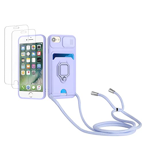 Kaslly Case für iPhone 6/6S/7/8/SE 2020 Handykette Hülle+[2 Schutzfolie Glas],Slide kameraschutz,Silikon Handyhülle zum Umhängen Kette,Kartenfach-Violett von Kaslly