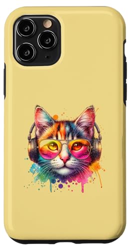 Hülle für iPhone 11 Pro Retro Katzen mit Kopfhörern und Sonnenbrille Vintage Cat von Katze Farben Retro Motiv Geschenke Coole Katzen