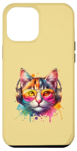 Hülle für iPhone 12 Pro Max Retro Katzen mit Kopfhörern und Sonnenbrille Vintage Cat von Katze Farben Retro Motiv Geschenke Coole Katzen