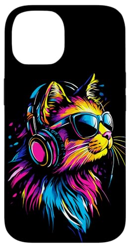 Hülle für iPhone 14 Katze Sonnenbrille Kopfhörer Bunt Regenbogen Musik Katzen von Katzen Motive für Katzen Liebhaber & Cat Mom