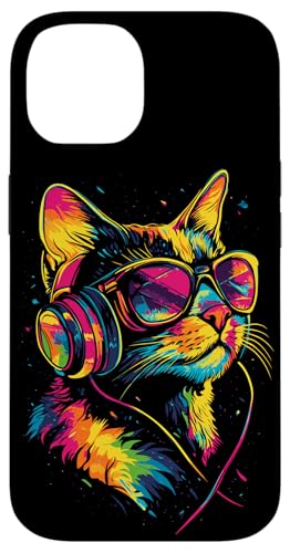 Hülle für iPhone 14 Katze Sonnenbrille Kopfhörer Bunt Regenbogen Musik Katzen von Katzen Motive für Katzen Liebhaber & Cat Mom