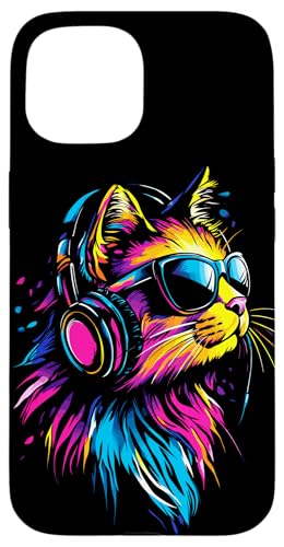 Hülle für iPhone 15 Katze Sonnenbrille Kopfhörer Bunt Regenbogen Musik Katzen von Katzen Motive für Katzen Liebhaber & Cat Mom