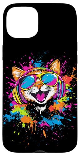 Hülle für iPhone 15 Plus Katze Sonnenbrille Kopfhörer Bunt Regenbogen Musik Katzen von Katzen Motive für Katzen Liebhaber & Cat Mom