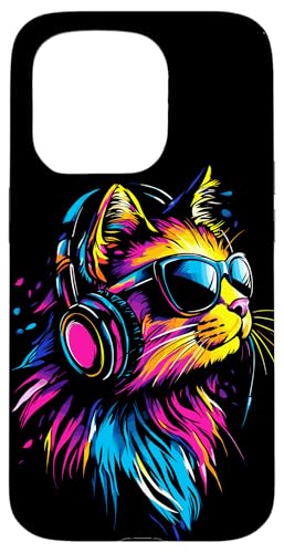 Hülle für iPhone 15 Pro Katze Sonnenbrille Kopfhörer Bunt Regenbogen Musik Katzen von Katzen Motive für Katzen Liebhaber & Cat Mom