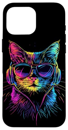 Hülle für iPhone 16 Pro Max Katze Sonnenbrille Kopfhörer Bunt Regenbogen Musik Katzen von Katzen Motive für Katzen Liebhaber & Cat Mom