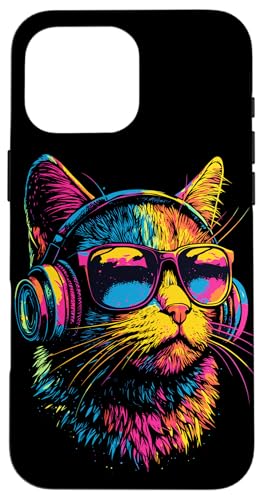 Hülle für iPhone 16 Pro Max Katze Sonnenbrille Kopfhörer Bunt Regenbogen Musik Katzen von Katzen Motive für Katzen Liebhaber & Cat Mom