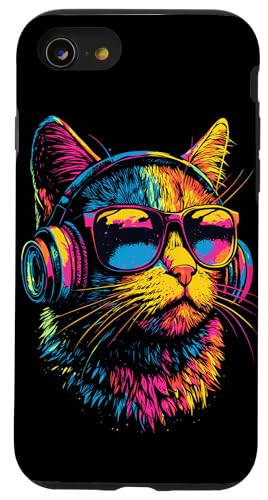 Hülle für iPhone SE (2020) / 7 / 8 Katze Sonnenbrille Kopfhörer Bunt Regenbogen Musik Katzen von Katzen Motive für Katzen Liebhaber & Cat Mom