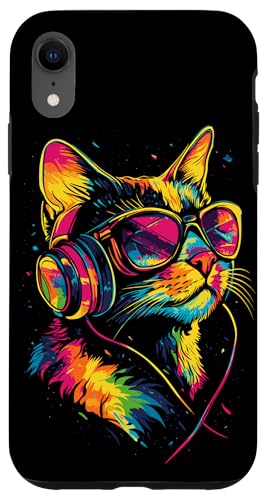 Hülle für iPhone XR Katze Sonnenbrille Kopfhörer Bunt Regenbogen Musik Katzen von Katzen Motive für Katzen Liebhaber & Cat Mom