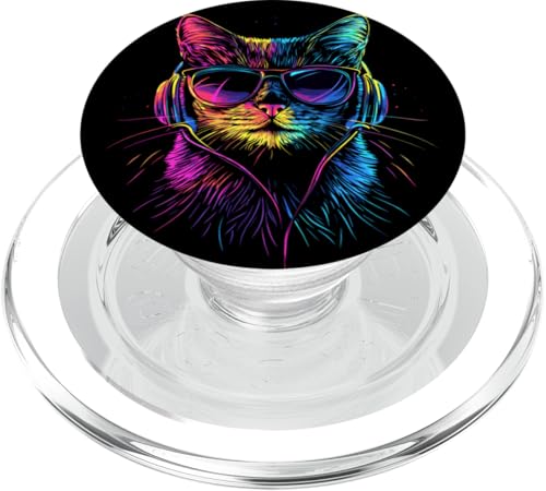 Katze Sonnenbrille Kopfhörer Bunt Regenbogen Musik Katzen PopSockets PopGrip für MagSafe von Katzen Motive für Katzen Liebhaber & Cat Mom