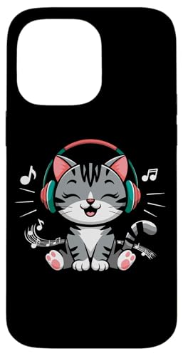 Hülle für iPhone 14 Pro Max Musik Katze mit Kopfhörer und Notenschlüssel Musiker Music von Katzen Musikschule Rock Klassik Music Designs