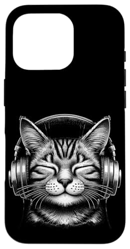 Hülle für iPhone 16 Pro Katze mit Kopfhörern, Tiermotiv, Kätzchen von Katzenportrait, Musikalische Katze Katzenliebhaber