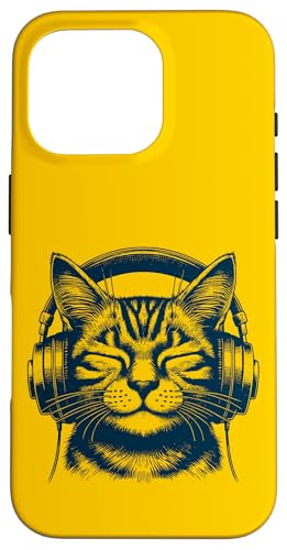 Hülle für iPhone 16 Pro Katze mit Kopfhörern, Tiermotiv, Kätzchen von Katzenportrait, Musikalische Katze Katzenliebhaber