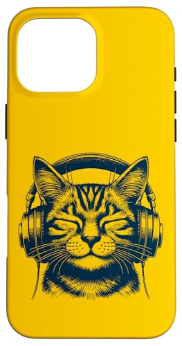 Hülle für iPhone 16 Pro Max Katze mit Kopfhörern, Tiermotiv, Kätzchen von Katzenportrait, Musikalische Katze Katzenliebhaber