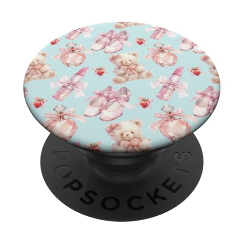 Balletttänzer-Design mit Bären, Schuhen in Aqua-Mintblau PopSockets mit austauschbarem PopGrip von Kawaii-Ballerina-Muster, rosa Bär, Kokettenband