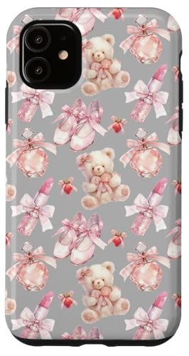 Hülle für iPhone 11 Balletttänzer-Design mit Bären, Schuhen in Hellgrau von Kawaii-Ballerina-Muster, rosa Bär, Kokettenband