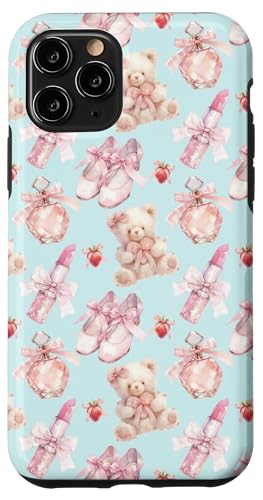 Hülle für iPhone 11 Pro Balletttänzer-Design mit Bären, Schuhen in Aqua-Mintblau von Kawaii-Ballerina-Muster, rosa Bär, Kokettenband