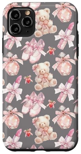 Hülle für iPhone 11 Pro Max Balletttänzer-Design mit Bären, Schuhe in Taupegrau von Kawaii-Ballerina-Muster, rosa Bär, Kokettenband