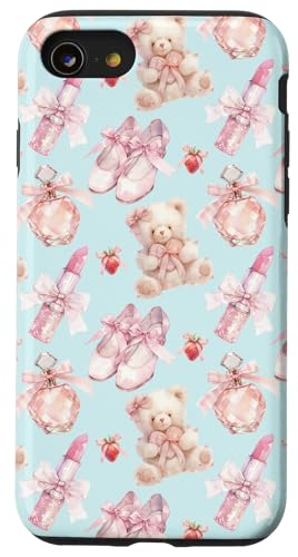 Hülle für iPhone SE (2020) / 7 / 8 Balletttänzer-Design mit Bären, Schuhen in Aqua-Mintblau von Kawaii-Ballerina-Muster, rosa Bär, Kokettenband