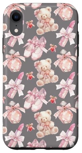 Hülle für iPhone XR Balletttänzer-Design mit Bären, Schuhe in Taupegrau von Kawaii-Ballerina-Muster, rosa Bär, Kokettenband