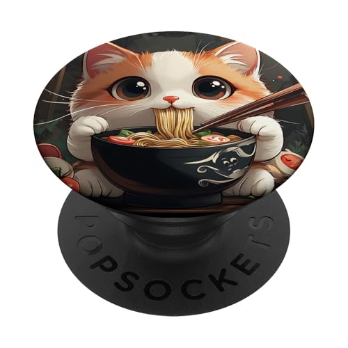 Süße lustige Katze frisst Ramen Retro Japanische Nudeln Kawaii PopSockets Klebender PopGrip von Kawaii Cat Creations