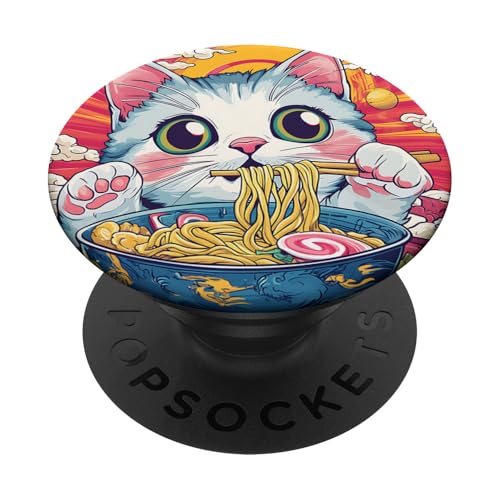 Süße lustige Katze frisst Ramen Retro Japanische Nudeln Kawaii PopSockets Klebender PopGrip von Kawaii Cat Creations