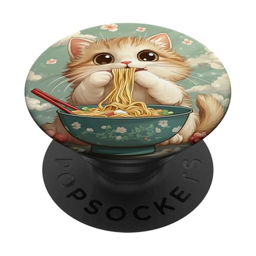 Süße lustige Katze frisst Ramen Retro Japanische Nudeln Kawaii PopSockets Klebender PopGrip von Kawaii Cat Creations