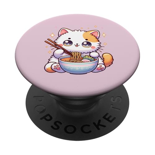 Süße lustige Katze frisst Ramen Retro Japanische Nudeln Kawaii PopSockets Klebender PopGrip von Kawaii Cat Creations