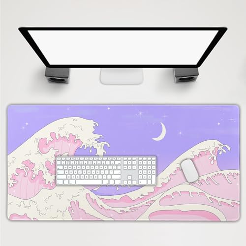 Japanisches Anime-Gaming-Mauspad, XXL, niedliches Kawaii, ästhetische Meereswelle, erweiterte große Schreibtischmatte, rutschfeste Gummiunterseite, genähter Rand, lange Tastatur-Mauspad für Computer, von Kawani