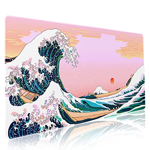 Niedliches rosa Mauspad, japanische Welle, Kawaii, ästhetisch, erweiterte Schreibtischmatte, 90 x 40 cm, rutschfeste Gummiunterseite, genähter Rand, große XXL-Spielmatte für Tastatur, Gaming, Laptop, von Kawani