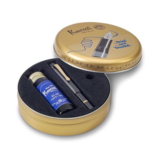 Kaweco PISTON SPORT AL Black/Gold Starter Set I Klassischer Aluminium Kolbenfüllhalter zum Aufziehen von Tinte inkl. 32 ml Tintenglas Königsblau in Retro-Dose 13 cm I Federbreite: BB (Extra Breit) von Kaweco