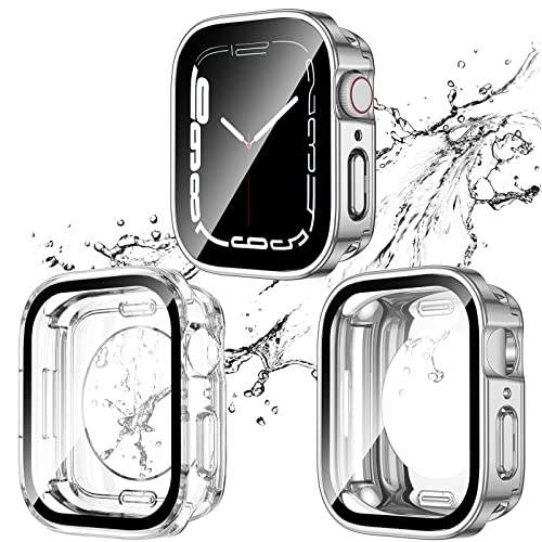 Kawoco 2 Stück Wasserdicht Hülle für Apple Watch 45mm Series 9/8/7 mit Tempered Glas Displayschutz, 360° Rundum PC 2 in 1 Front & Rückseite Gehäuse Schutzhülle für iWatch 45mm Klar/Silber von Kawoco