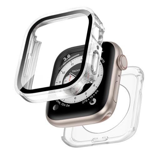 Kawoco 2 in 1 Wasserdichtes Hülle für Apple Watch Series 6/5/4/SE/SE2 44mm mit Eingebaut Kratzfest Gehärtetes Glas Schutzfolie, HD Hochempfindliche Schutzhülle für iwatch 44mm, Transparent von Kawoco