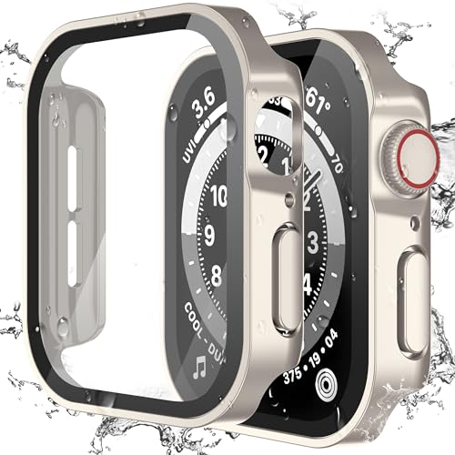 Kawoco Schutzhülle für Apple Watch SE Series 4/5/6/ 44mm Hülle mit Panzerglas Displayschutz, Wasserdicht Hart PC Flache Kante Case, Hochempfindliche Schutzfolie für iWatch 44mm Sternenlicht von Kawoco