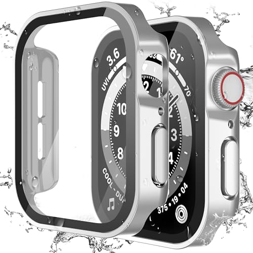 Kawoco Schutzhülle für Apple Watch SE Series9/8/7 45mm Hülle mit Panzerglas Displayschutz, Wasserdicht Hart PC Flache Kante Case, Hochempfindliche Schutzfolie für iWatch 45mm Silber von Kawoco