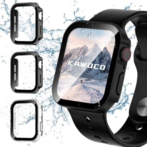 Kawoco Wasserdichte Schutzhülle für Apple Watch Serie 10, 42 mm, gerade Kante, harte PC-Abdeckung mit gehärtetem Glas, Schutz-Stoßfänger für iWatch 42 mm, Schwarz/Schwarz/Transparent, 3 Stück von Kawoco