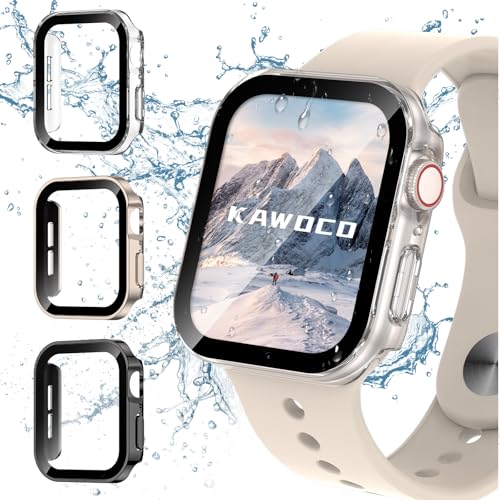 Kawoco Wasserdichte Schutzhülle für Apple Watch Serie 10 46 mm, gerade Kante, harte PC-Abdeckung mit gehärtetem Glas, Schutz-Stoßdämpfer für iWatch, 46 mm, klar/Sternenlicht/Mitternacht, 3 Stück von Kawoco