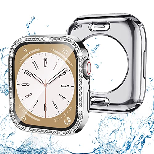 (2-in-1) Bling wasserdichte Hülle kompatibel mit Apple Watch 41 mm Serie 9/8/7 Displayschutzfolie, vorne und hinten, Glitzer-Diamant-Kristall, vollständige schützende Stoßfänger-Gesichtsabdeckung für von Keepamor