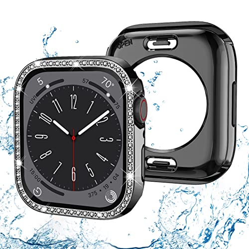 (2-in-1) Bling wasserdichte Hülle kompatibel mit Apple Watch 44 mm Serie 6/5/4/SE/SE2 Displayschutzfolie, vorne und hinten, Glitzer, Diamant-Kristall, schützende Stoßfänger-Gesichtsabdeckung für von Keepamor