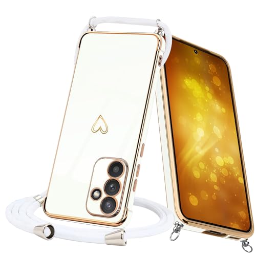 Keteen Handykette Hülle für Samsung Galaxy A54 5G Handyhülle mit Band Cute Herz Muster Galvanisierte Slim Silikon mit Abnehmbar Kordel Stossfest Cover Necklace Handyhülle für Samsung A54 5G, Weiß von Keteen