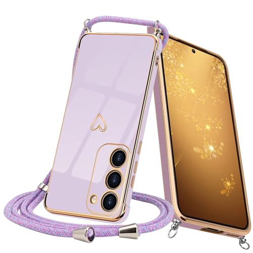 Keteen Handykette Hülle für Samsung Galaxy S23 Handyhülle mit Band Cute Herz Muster Galvanisierte Slim Silikon mit Abnehmbar Kordel Stossfest Cover Necklace Handyhülle für Samsung S23, Violett von Keteen