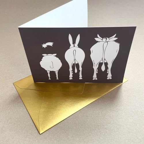 Kettcards originelle Weihnachtskarte mit goldenem Umschlag B6: Ochs, Esel und Schaf schauen auf den Stern von Betlehem von Kettcards