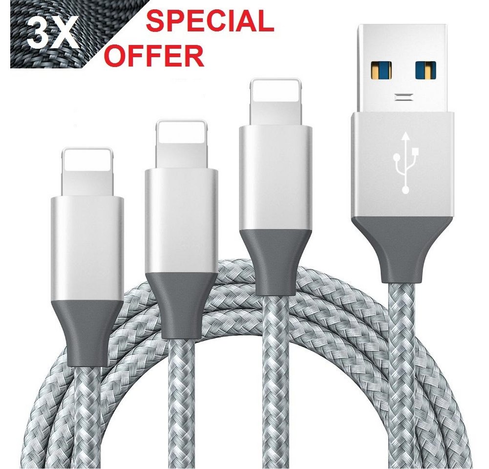 Kevin Frotscher (FroShop) 3x USB Schnell Ladekabel für Apple iPhone 6 7 8 10 11 12 13 14 X XS XR Smartphone-Kabel, Pro Max Plus iPad Ladegerät Datensynchronisationskabel - 1m Silber von Kevin Frotscher (FroShop)