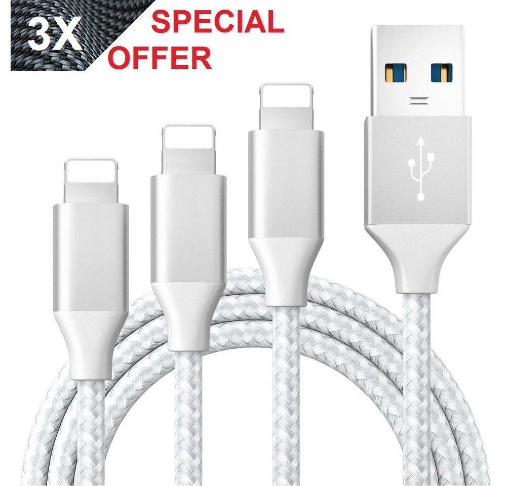 Kevin Frotscher (FroShop) 3x USB Schnell Ladekabel für Apple iPhone 6 7 8 10 11 12 13 14 X XS XR Smartphone-Kabel, Pro Max Plus iPad Ladegerät Datensynchronisationskabel - 2m Weiß von Kevin Frotscher (FroShop)