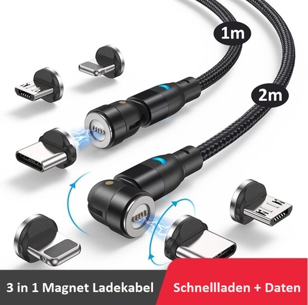 Kevin Frotscher (FroShop) 540° 3 in 1 Magnet Ladekabel Universal Handy für Apple iPhone magnetisches Ladekabel, Samsung Huawei Lenovo Xiaomi Micro USB Typ C - 2 Meter Laden + Daten von Kevin Frotscher (FroShop)