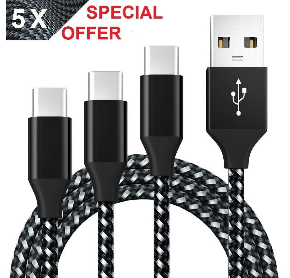 Kevin Frotscher (FroShop) 5x (Set) USB Schnellladekabel Ladegerät für Original Samsung Smartphone-Kabel, Huawei Lenovo Xiaomi Galaxy S22 S23 S24, Ultra Z Fold Flip USB zu Typ-C - 1m Schwarz von Kevin Frotscher (FroShop)