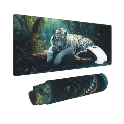 Gaming Mauspad XXL Tiger Großes Mousepad 1500 * 800mm rutschfeste Schreibtischunterlage Wald Mouse Pad mit Vernähte Kanten Verbessert Desk Mat Mauspad Groß Geschwindigkeit und Präzision für Gaming von Kggyele