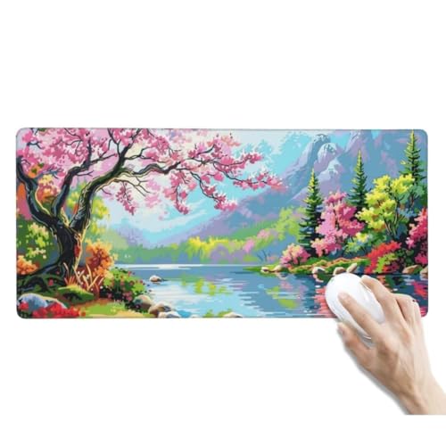 XXL Mauspad Landschaft Mauspad Schreibtischunterlage Wasserdicht Mousepad XXL Gaming Mauspad XXL rutschfeste Gummierte Unterseite und Genähte Kanten, Gaming Zubehör Deko (1200x600x3 mm, Kirschblüte) von Kggyele