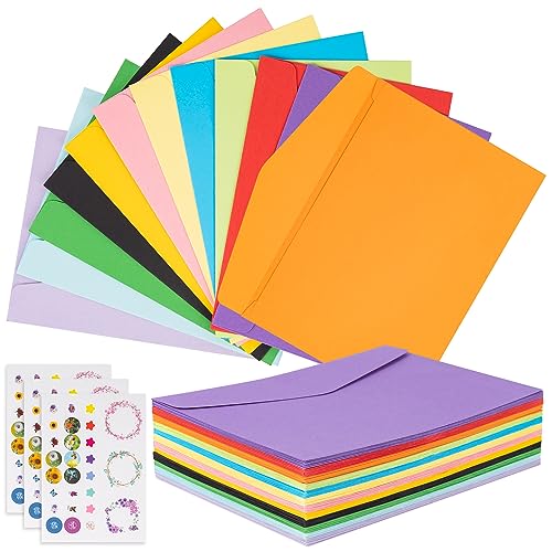 Farbige Briefumschläge 12 Farben, 72 Stück Farbige Umschläge für Geschenke 12.5 * 17.5cm, Farbige Umschläge mit 3 Blatt Selbstklebende Aufklebern für Geburtstage, Hochzeiten, Partys von Khvaeif